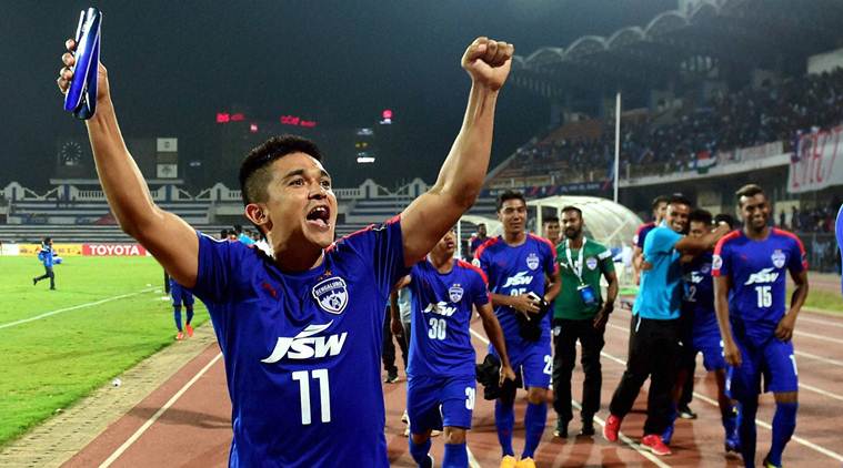 Bengaluru : Bengaluru FC captain Sunil Chhetri celebrate the win against Johor Darul TA'ZIM (MAS) during the AFC Cup 2016 Knock out match at Kanteerava Stadium in Bengaluru on Wednesday. BFC won the match by 3-1. PTI Photo by Shailendra Bhojak(PTI10_19_2016_000304B)