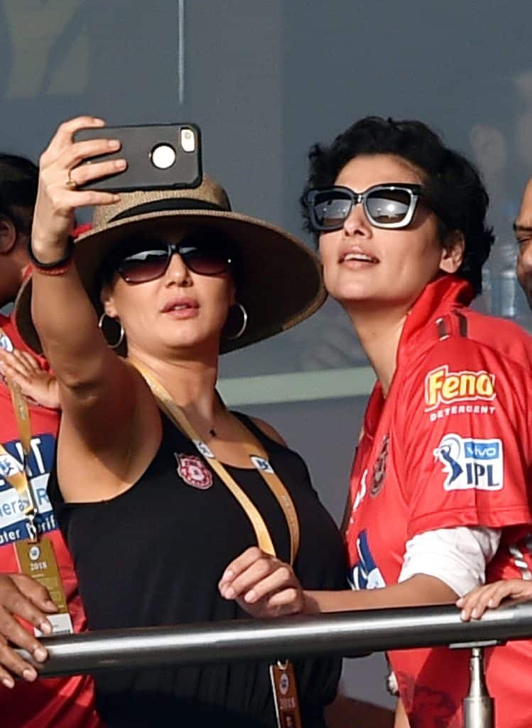 Kolkata: Kings XI Punjab co-owner Preity Zinta during IPL the match against KKR at Eden Garden in Kolkata on Saturday. PTI Photo by Swapan Mahapatra (PTI4_21_2018_000094B)
