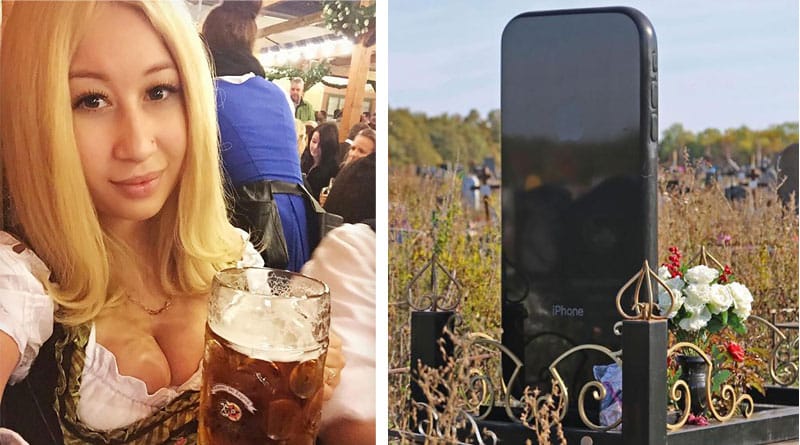 Mobile addict woman is buried under a tombstone depicting I-Phone