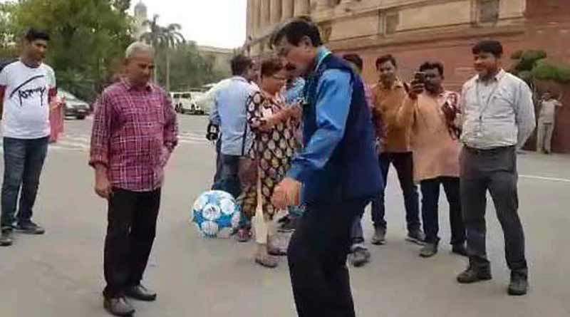 TMC MP Prasun Banerjee plays football in Parliament premises