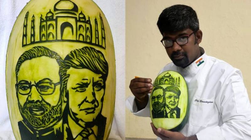 An artist carved Modi, Trump and Taj Mahal in a watermelon