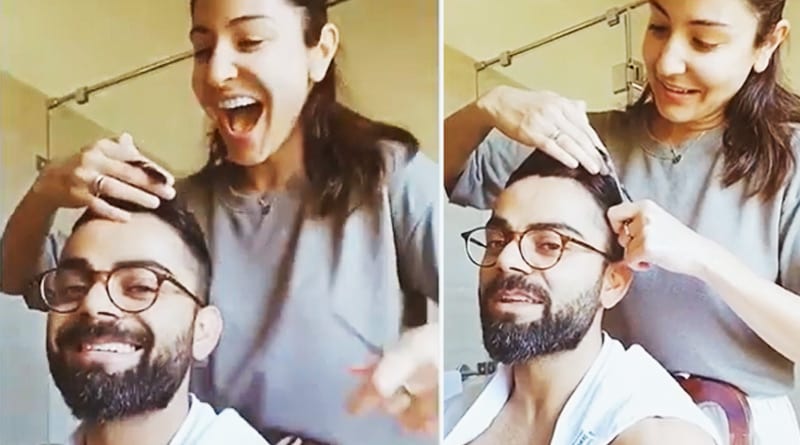 Anushka Sharma gives haircut to Virat Kohli with kitchen scissor