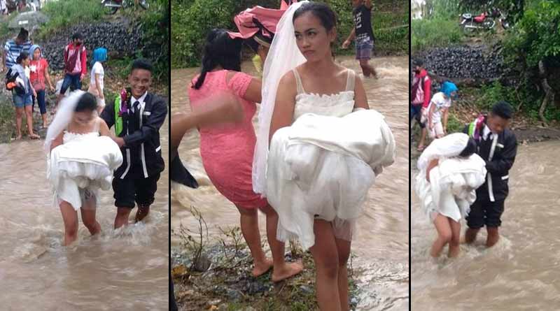 A couple wade through a flooded river to get married ।Sangbad Pratidin