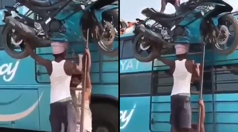 Viral Video: man carrying motorcycle up a bus leaves netizens divided | Sangbad Pratidin