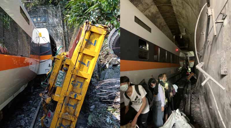At least 36 people are feared dead after a packed train derailed inside a tunnel in eastern Taiwan । Sangbad Pratidin
