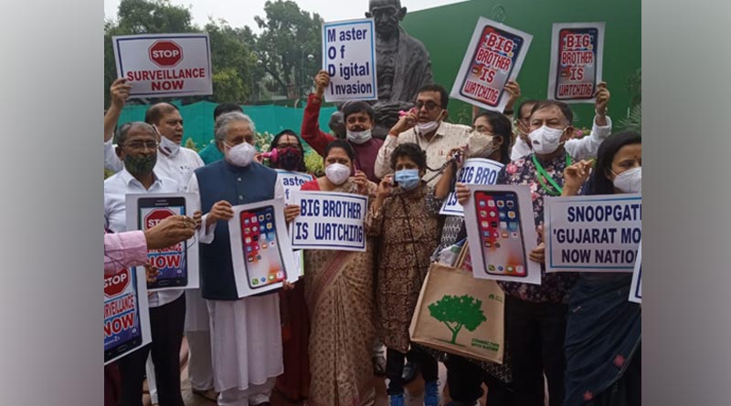 Pegasus Row: TMC MPs stage protest outside Parliament house with placards in hands