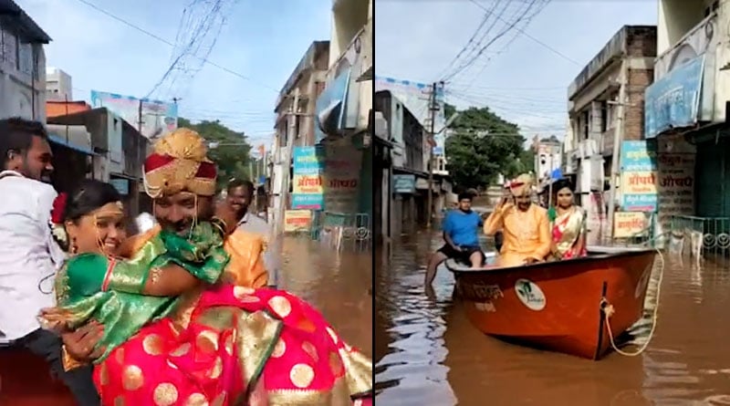 Bride and groom on boat in flooded Sangli, Maharashtra | Sangbad Pratidin