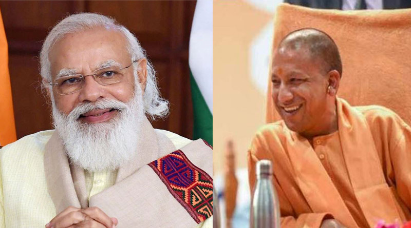 PM Modi praises Yogi Adityanath at rally in Uttar Pradesh's Shahjahanpur। Sangbad Pratidin