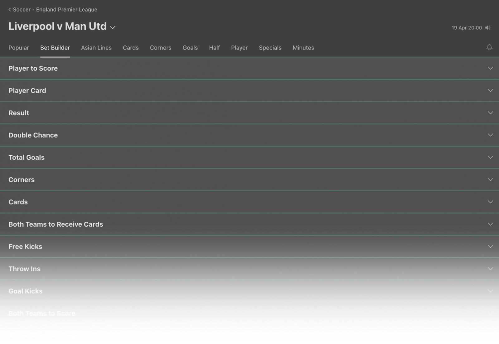 bet365 bet builder football match screenshot