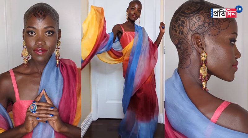 Hollywood Star Lupita Nyong'o Wore A Saree And The Most Mehendi on Bald Head । Sangbad Pratidin