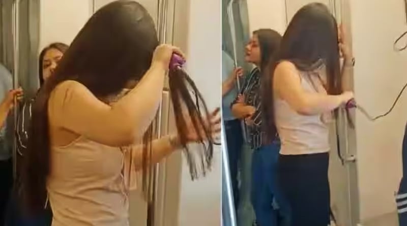 Girl Spotted Using Hair Straightener In Delhi Metro, Video Goes Viral | Sangbad Pratidin