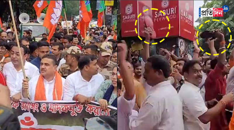 BJP workers staged protest at Jadavpur University with shoes । Sangbad Pratidin