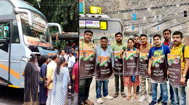 TMC supporters enroute Delhi on buses, leaders on plane । Sangbad Pratidin
