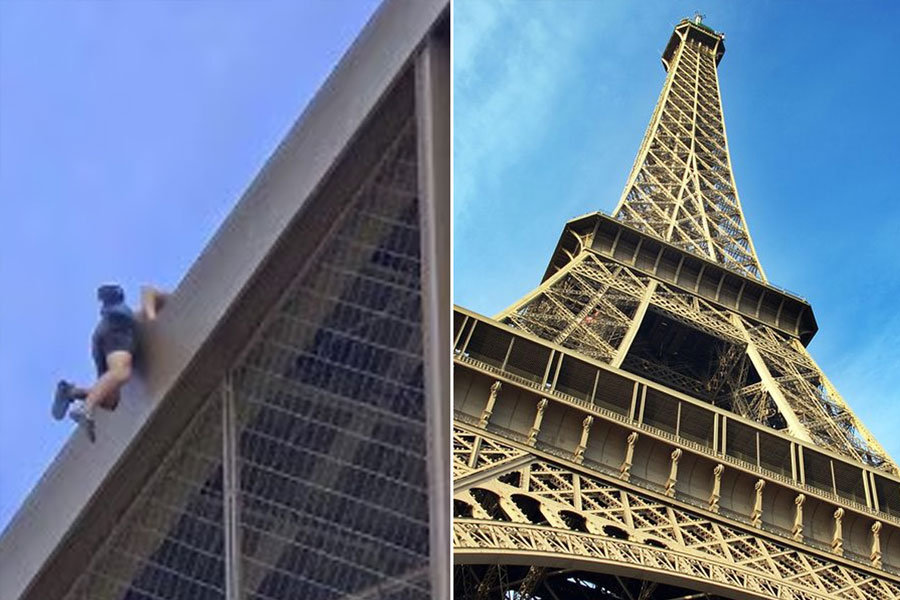 Man climbs up to Eiffel Tower before closing ceremony of Olympics