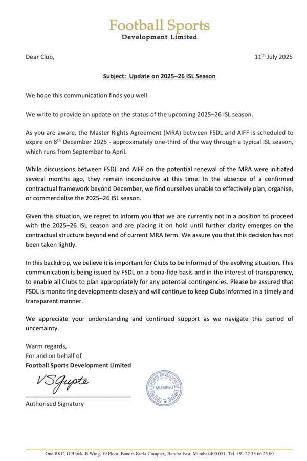FSDL informs clubs that ISL 2025-26 season formally on hold