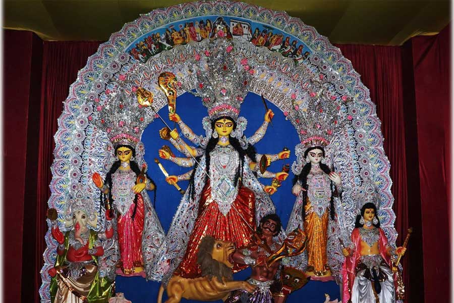 Probashe Durga Puja: Pandle of Karol Bagh Puja Samiti decorated in the style of the famous Kedarnath Temple