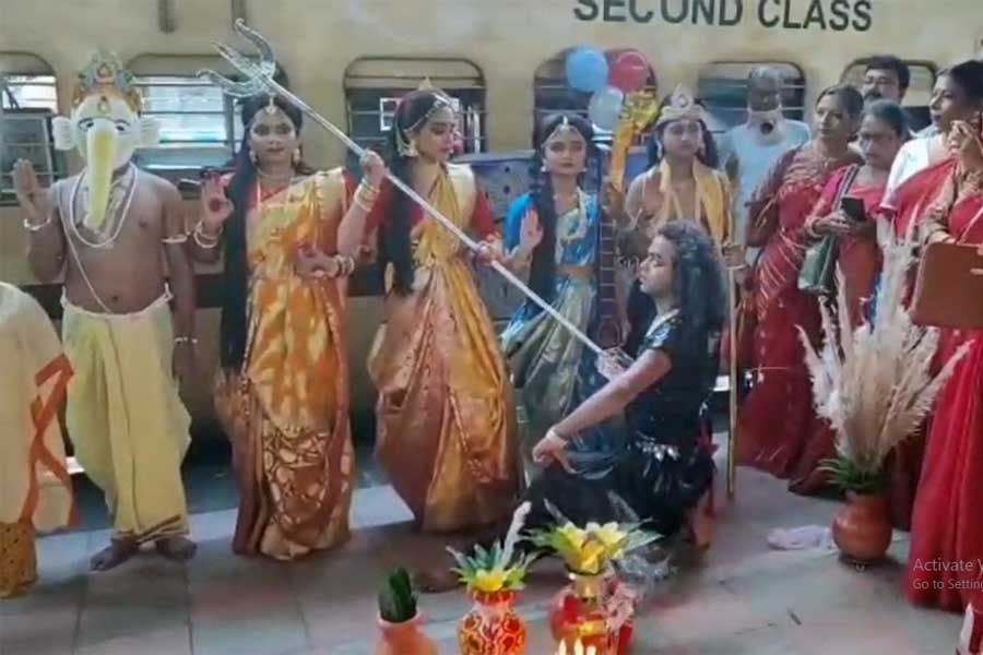 Mahishashurmardini on platform on the day of Mahalaya by an organization of Alipurduar