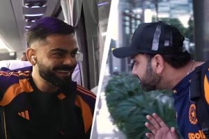 Rohit Sharma greets Virat Kohli with salute, shares a hug